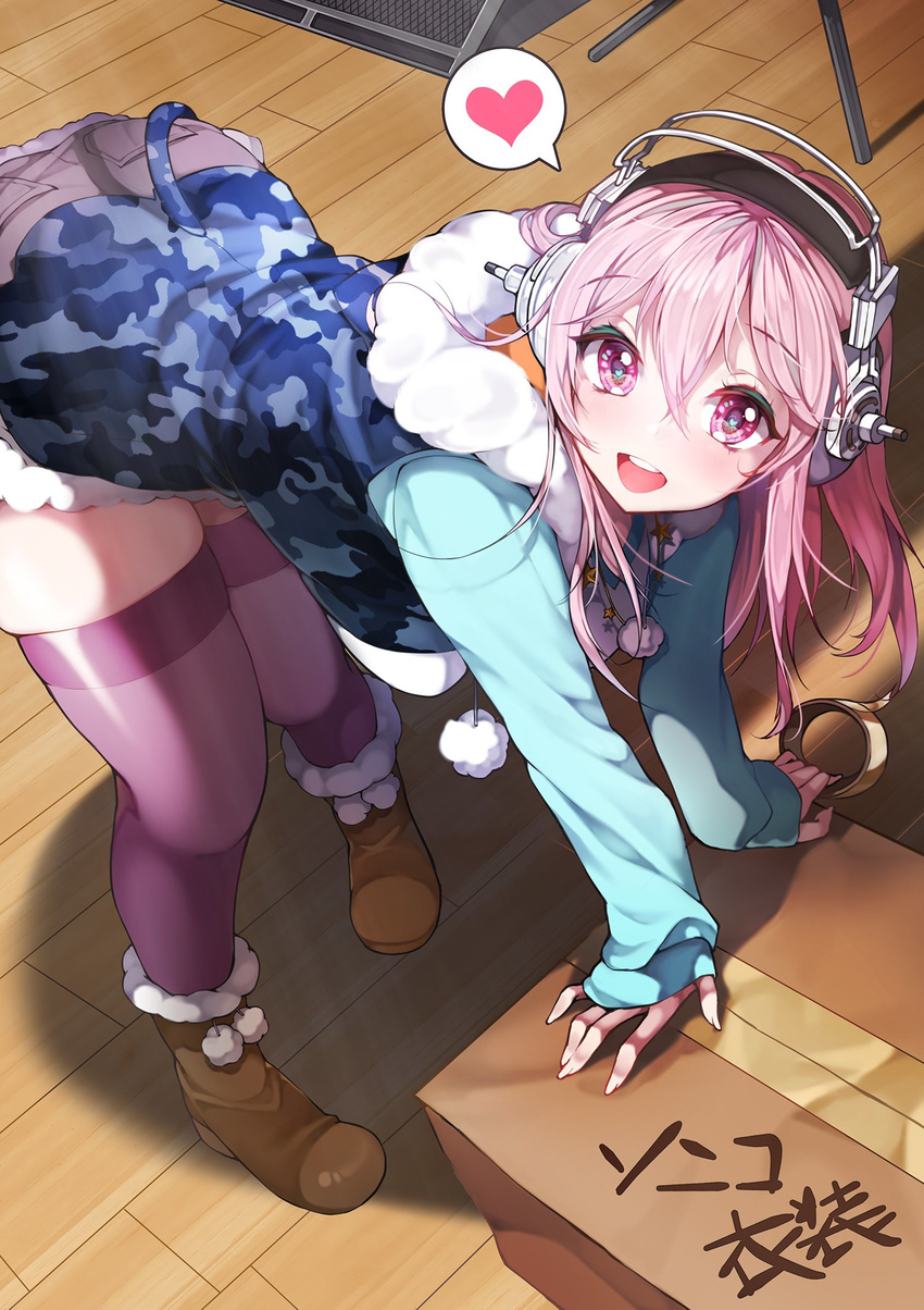 bent_over blush box breasts camouflage_hoodie cardboard_box fur_trim headphones heart heart-shaped_pupils highres hood hoodie kanola_u large_breasts long_hair looking_at_viewer nitroplus open_mouth pink_eyes pink_hair pom_pom_(clothes) skindentation sleeveless sleeveless_hoodie smile solo spoken_heart super_sonico symbol-shaped_pupils tape thighhighs zettai_ryouiki