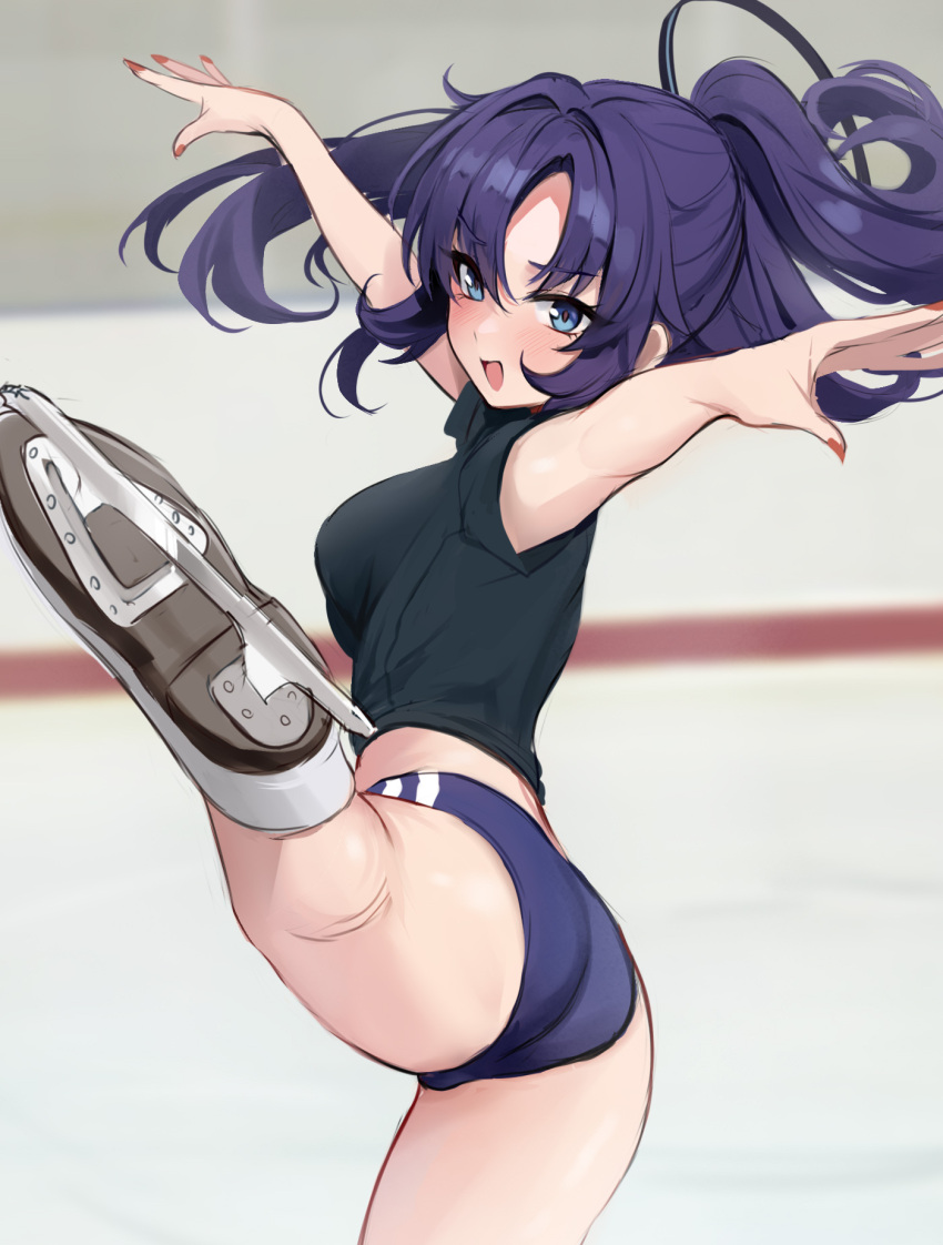 1girl ass black_shirt blue_archive blue_buruma blue_eyes blurry blurry_background breasts buruma depth_of_field figure_skating halo high_kick highres ice_skates ice_skating kicking long_hair looking_at_viewer mechanical_halo medium_breasts official_alternate_costume open_mouth outstretched_arms parted_bangs ponytail purple_hair shirt skates skating skating_rink solo stone_(ksorede) yuuka_(blue_archive) yuuka_(track)_(blue_archive)