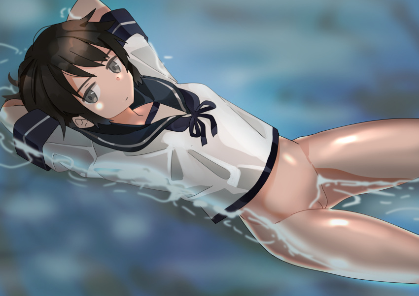 1girl arms_behind_head black_hair blue_neckerchief blue_sailor_collar bottomless grey_eyes groin haida_katsuretsu highres kantai_collection looking_at_viewer miyuki_(kancolle) neckerchief out-of-frame_censoring partially_submerged pussy sailor_collar sailor_shirt school_uniform serafuku shirt short_hair short_sleeves solo water white_shirt