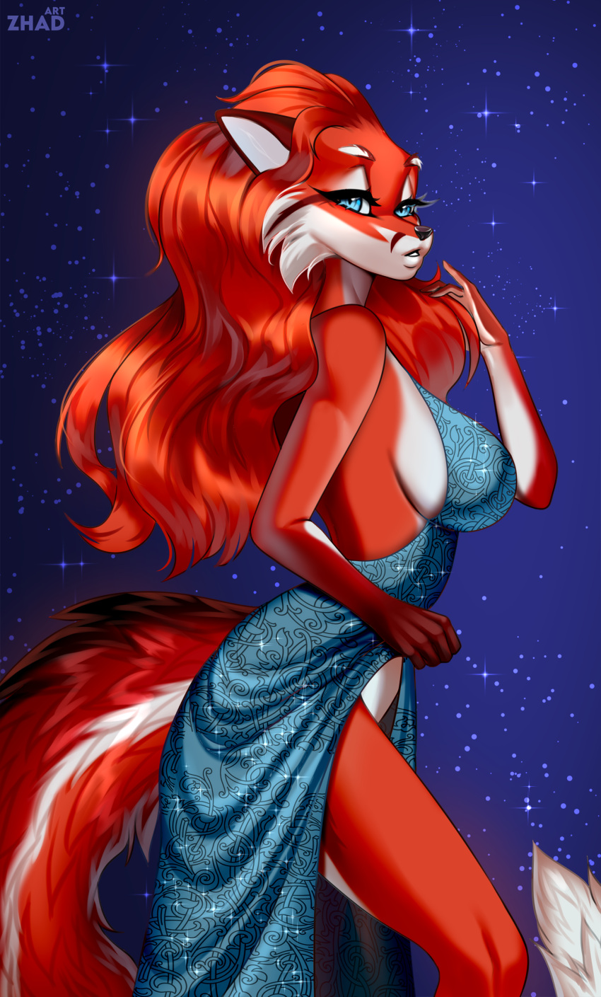 absurd_res anthro bedroom_eyes big_breasts breasts canid canine clothed clothing cocktail_dress dancing digital_media_(artwork) dress evening_dress female fluffy fluffy_tail fox fur hair half-closed_eyes hi_res huge_breasts long_hair looking_at_viewer mammal narrowed_eyes red_hair romantic seductive simple_background solo star tail zhadart