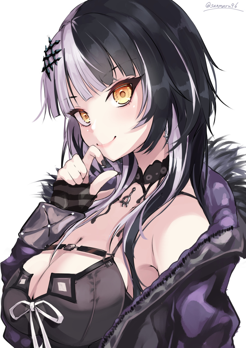 1girl black_arm_warmers black_choker black_coat black_dress black_hair black_nails breasts chest_belt choker cleavage coat dress fur-trimmed_coat fur_trim grey_hair highres hololive hololive_english kuro_(be_ok) large_breasts long_hair looking_at_viewer multicolored_hair nail_polish shiori_novella shiori_novella_(1st_costume) smile solo split-color_hair virtual_youtuber yellow_eyes