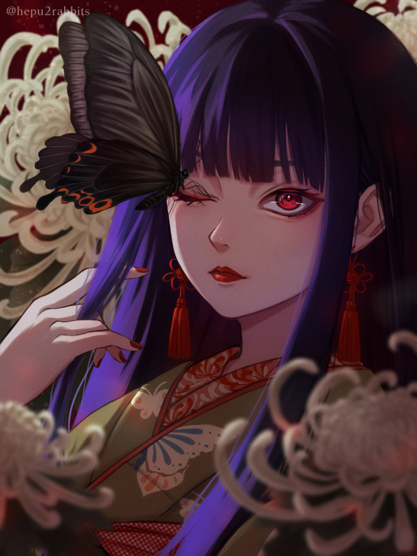 1girl blunt_bangs bug butterfly butterfly_on_face chrysanthemum earrings epuusa flower hand_up highres japanese_clothes jewelry kimono lipstick long_hair makeup nail_polish one_eye_closed original purple_hair red_eyes smile solo tassel tassel_earrings upper_body