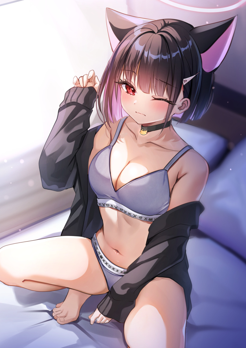 1girl bare_shoulders barefoot black_choker black_hair black_jacket blue_archive blush bra breasts choker cleavage closed_mouth collarbone colored_inner_hair grey_bra grey_panties hair_ornament halo hand_up highres indoors jacket katsushika_pachi kazusa_(blue_archive) large_breasts long_sleeves looking_at_viewer multicolored_hair off_shoulder one_eye_closed open_clothes open_jacket paid_reward_available panties pink_hair pink_halo red_eyes short_hair solo squatting thighs two-tone_hair underwear