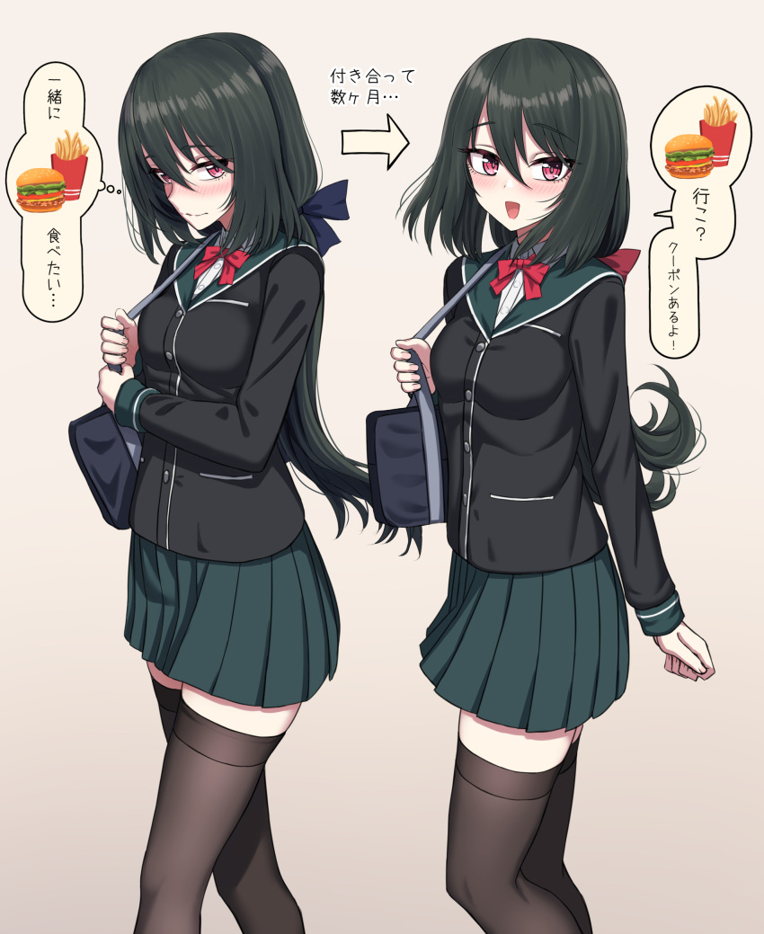 1girl absurdres black_thighhighs blazer blush bow bowtie burger buttons food french_fries green_hair hair_between_eyes highres jacket miniskirt multiple_views original pleated_skirt purple_eyes red_bow red_bowtie sayano_(yakob_labo) school_uniform short_hair skirt standing thighhighs translated yakob_labo