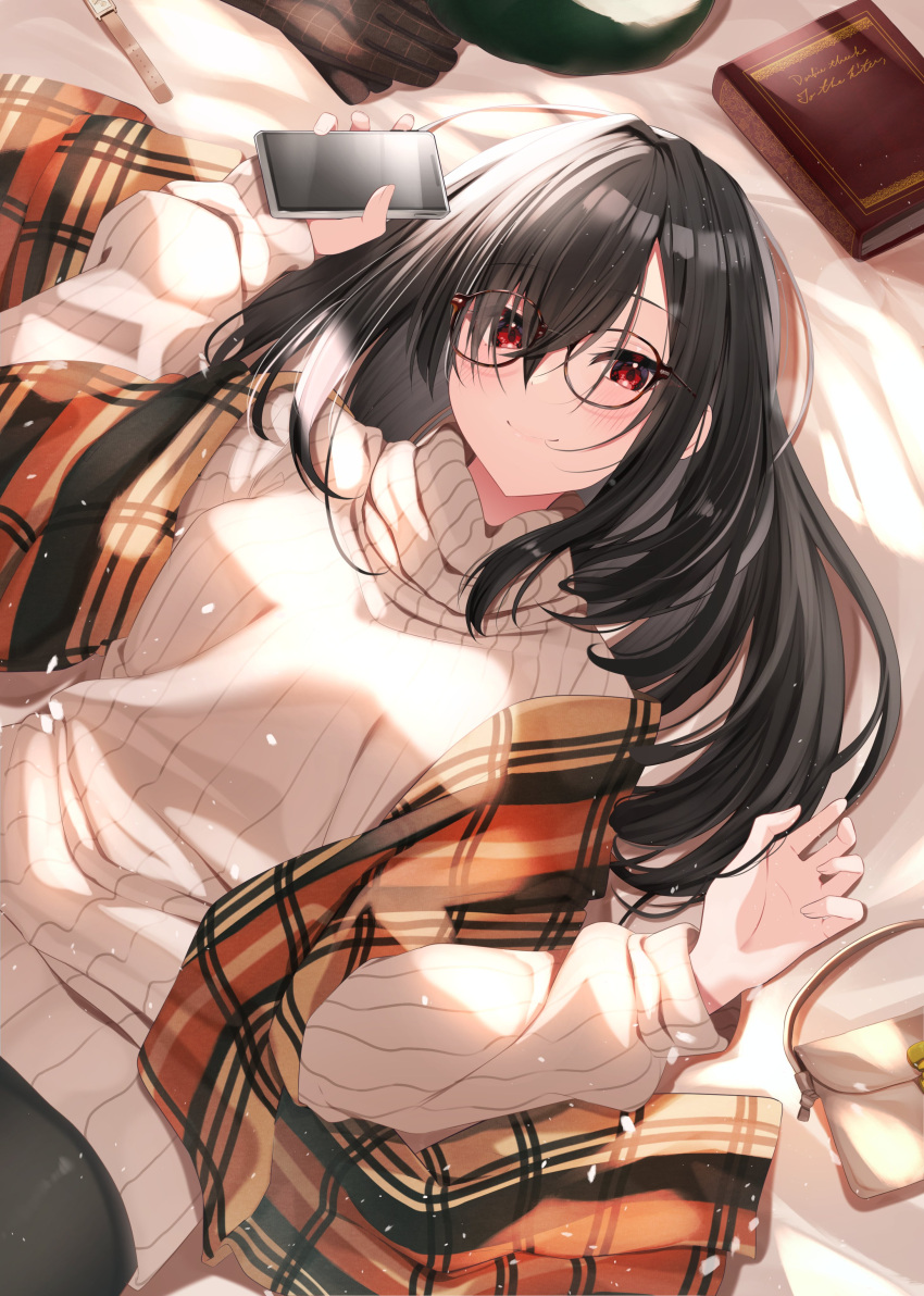 1girl absurdres bag bed_sheet black_gloves black_hair black_pantyhose book borumete breasts glasses gloves hands_up highres holding holding_phone light_blush long_hair looking_at_viewer lying medium_breasts on_back on_bed original pantyhose phone plaid plaid_scarf red_eyes ribbed_sweater satchel scarf smile solo sweater turtleneck turtleneck_sweater unworn_gloves watch white_sweater wristwatch