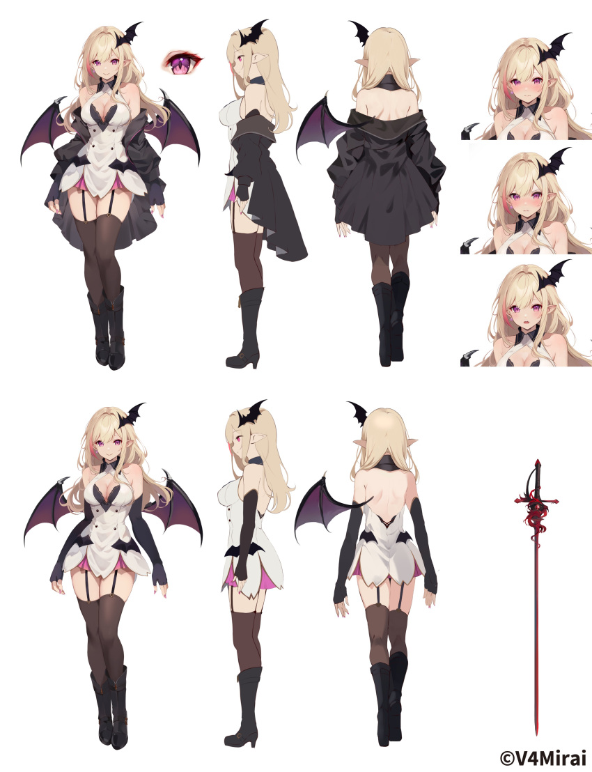 1girl absurdres bat_wings black_footwear black_gloves black_jacket black_thighhighs black_wings blonde_hair blush boots breasts cleavage dress elbow_gloves fingerless_gloves garter_straps gloves highres jacket kou_mariya kujou_ichiso large_breasts long_hair multicolored_hair multiple_views official_art open_clothes open_jacket open_mouth pink_hair pointy_ears purple_eyes purple_wings rapier reference_sheet second-party_source streaked_hair swept_bangs sword thighhighs v4mirai weapon white_dress wings