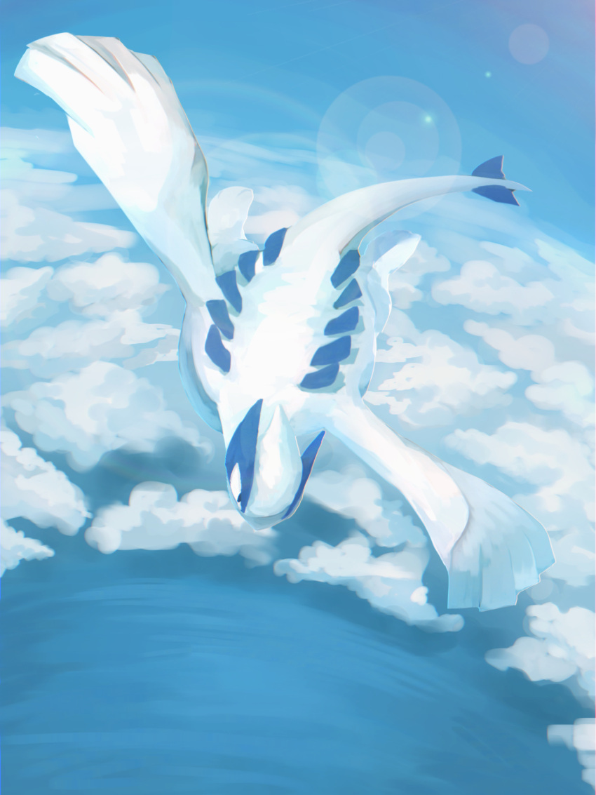 above_clouds animal_focus black_eyes blue_background blue_sky blue_theme butter_(oshi8kyoumoh) cloud commentary_request day flying from_above full_body highres lens_flare lugia monochrome no_humans outdoors partial_commentary pokemon pokemon_(creature) sky solo