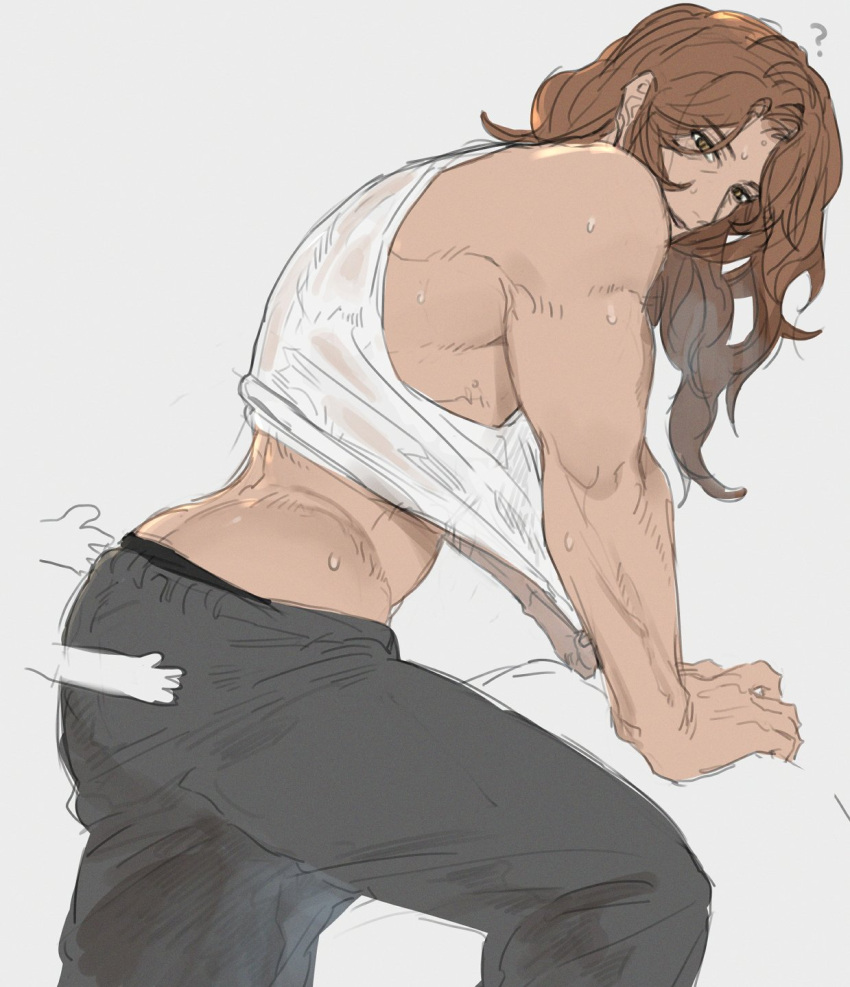 1boy ? ass bara brown_eyes brown_hair clothes_lift granblue_fantasy grey_pants hand_on_another's_ass highres large_pectorals long_hair looking_at_viewer male_focus momimomi muscular muscular_male pants pectorals siegfried_(granblue_fantasy) simple_background smile tank_top white_background white_tank_top
