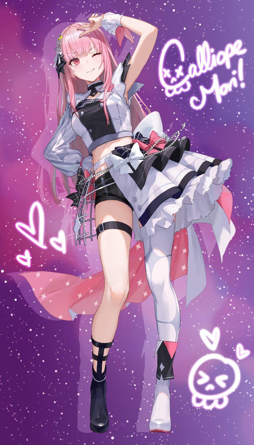 1girl absurdres asymmetrical_footwear asymmetrical_legwear boots character_name character_signature hair_ribbon hand_on_own_hip heart highres hololive hololive_english hololive_idol_uniform_(bright) leg_belt long_hair matsuo_shogo midriff mori_calliope official_art one_eye_closed pink_eyes pink_hair purple_background red_eyes ribbon signature single_thighhigh skull solo star_(sky) starry_background thighhighs v virtual_youtuber