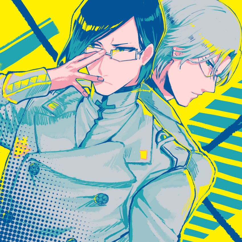 2boys a_nzi_end abstract_background adjusting_eyewear black_hair bleach bleach:_sennen_kessen-hen blue_eyes buttons closed_mouth coat collared_coat double-breasted father_and_son glasses hair_between_eyes hand_on_eyewear high_collar highres ishida_ryuuken ishida_uryuu long_sleeves looking_back military_uniform multiple_boys polka_dot_shadow quincy_(bleach) shirt signature swept_bangs uniform upper_body wandenreich_uniform white_coat white_hair white_shirt yellow_background