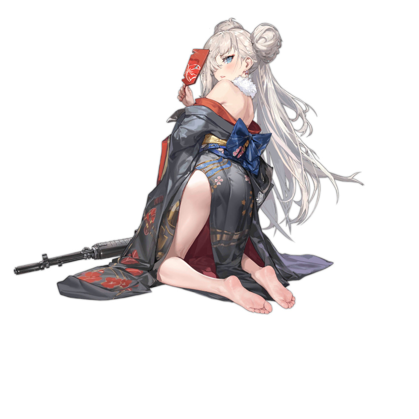 1girl a-545_(girls'_frontline) a-545_(silver_tree's_gratitude)_(girls'_frontline) a545 ass barefoot blue_eyes blue_sash bullet_hole double_bun earrings eyeshadow feet fingernails floral_print_kimono from_behind full_body fur_collar girls'_frontline grey_kimono hagoita hair_bun highres holding japanese_clothes jewelry kimono kneeling light_frown lipstick long_hair long_sleeves looking_at_viewer looking_back makeup messikid obi off_shoulder official_alternate_costume official_art paddle parted_lips pink_nails sash simple_background soles solo third-party_source toes transparent_background very_long_hair white_hair wide_sleeves yellow_sash