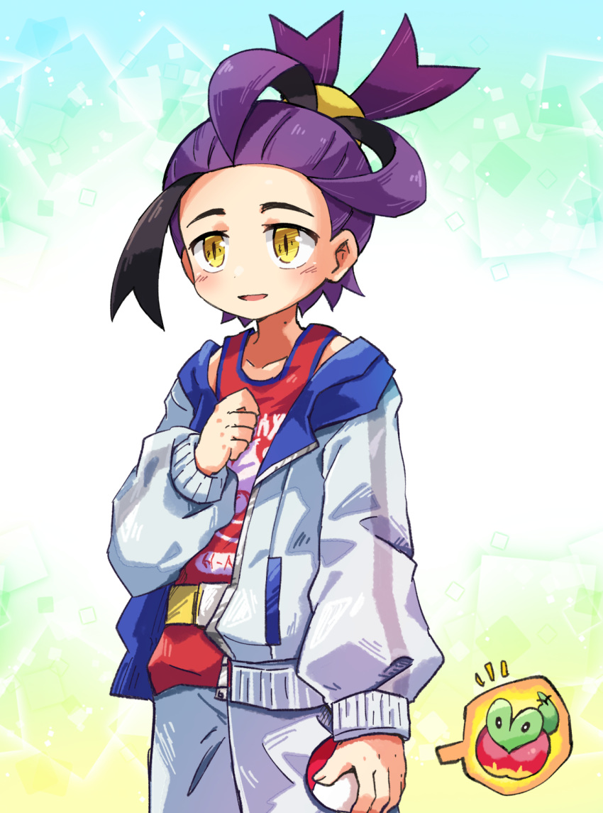 1boy applin black_hair collarbone commentary_request highres holding holding_poke_ball jacket kedamamax kieran_(pokemon) long_sleeves male_focus mole mole_on_neck multicolored_hair open_mouth poke_ball poke_ball_(basic) pokemon pokemon_(creature) pokemon_sv purple_hair red_shirt shirt shorts sleeveless sleeveless_shirt smile tank_top two-tone_hair white_jacket white_shorts yellow_eyes zipper