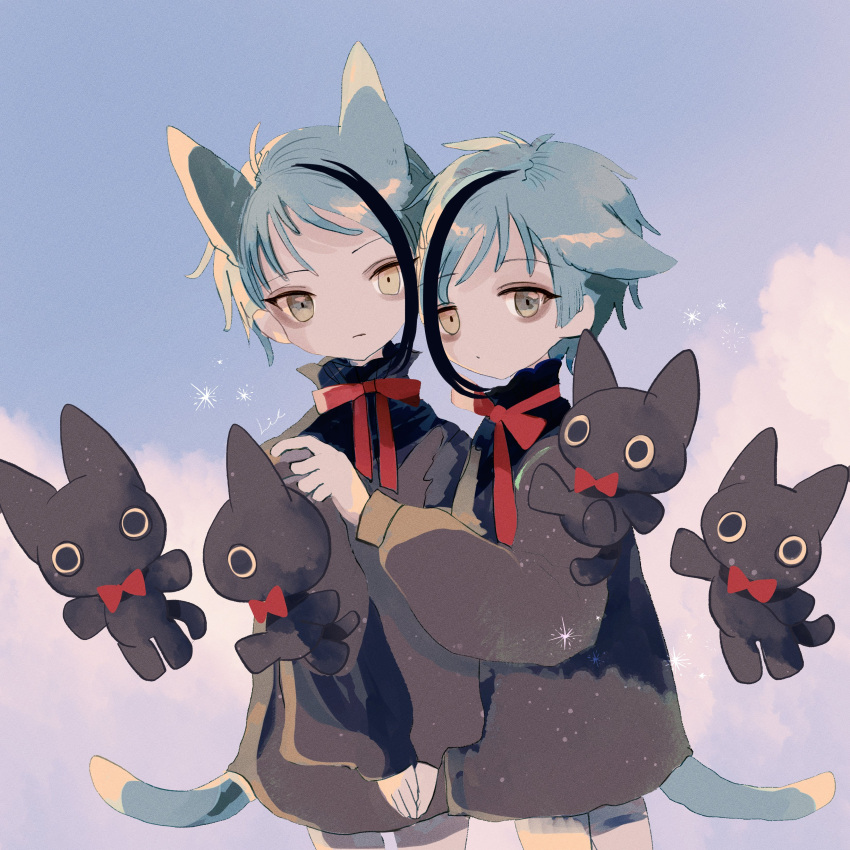 2boys absurdres aged_down animal animal_ears black_eyes black_hair black_shirt blouse blue_hair blue_sky brothers cat cat_boy cat_ears cat_tail character_request child clothes_grab cloud cloudy_sky colored_sclera commentary dot_mouth expressionless floating floyd_leech grey_eyes hand_on_another's_shoulder heterochromia highres hug jade_leech li04r looking_at_viewer male_focus multicolored_hair multiple_boys necktie no_pants outdoors own_hands_together red_necktie red_ribbon ribbon shirt short_hair siblings sky sparkle streaked_hair tail twins twisted_wonderland upper_body yellow_eyes yellow_sclera