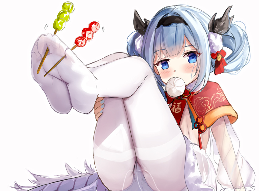1girl azur_lane between_toes blue_eyes blue_hair blue_panties chinese_commentary commentary_request dango food hair_rings hamiro legs_up lung_wu_(ascendant_dragon's_spring_feast)_(azur_lane) lung_wu_(azur_lane) mouth_hold no_shoes official_alternate_costume panties panties_under_pantyhose pantyhose short_hair skewer soles solo thighband_pantyhose toes underwear wagashi white_background white_pantyhose