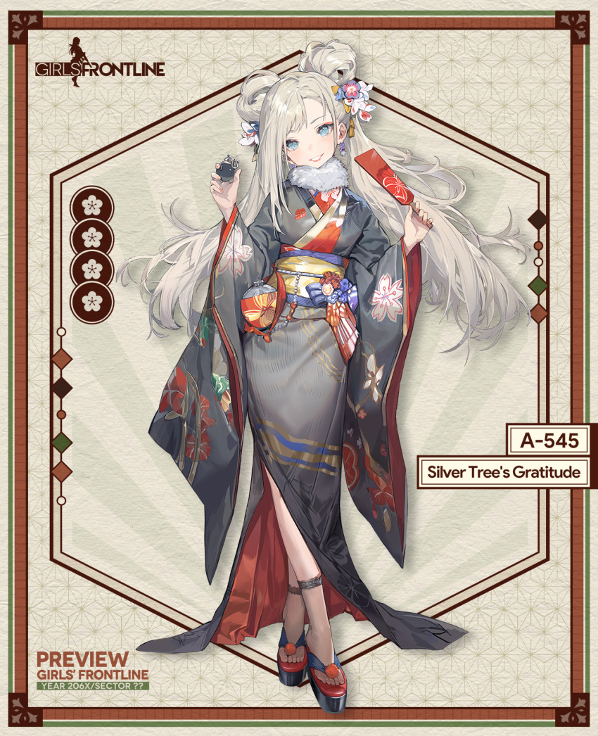 1girl a-545_(girls'_frontline) a-545_(silver_tree's_gratitude)_(girls'_frontline) blue_eyes blue_flower blue_sash bottle canteen character_name copyright_name double_bun earrings explosive feet fingernails floral_print_kimono flower flower_request full_body fur_collar girls'_frontline grenade grey_kimono hagoita hair_bun hair_flower hair_ornament highres holding holding_bottle japanese_clothes jewelry kimono lace-trimmed_socks lipstick long_hair long_sleeves looking_at_viewer makeup messikid multicolored_flower obi official_alternate_costume official_art okobo paddle pink_flower pink_nails red_flower sandals sash second-party_source see-through_socks solo standing toes very_long_hair white_flower white_hair wide_sleeves yellow_sash