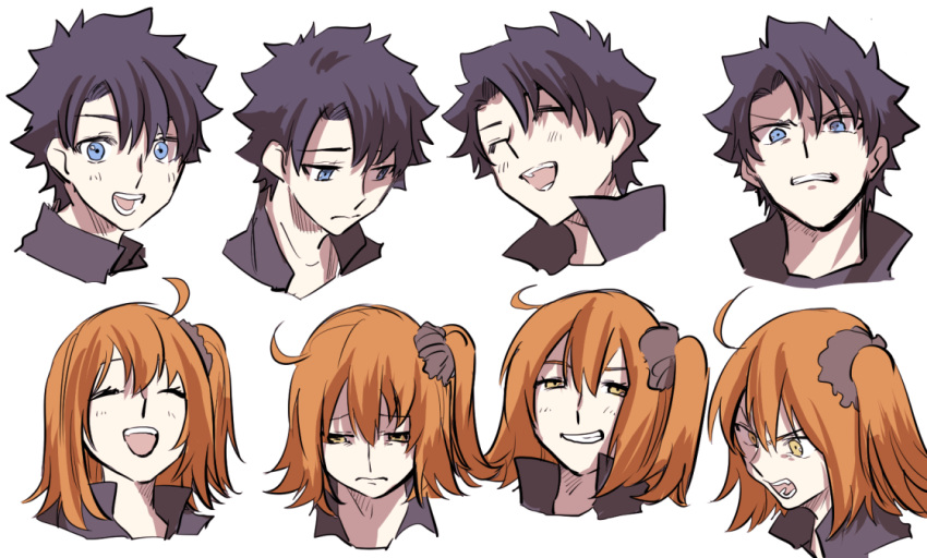 1boy 1girl :d ahoge angry black_hair black_scrunchie blue_eyes clenched_teeth closed_eyes closed_mouth depressed expressions fate/grand_order fate_(series) fujimaru_ritsuka_(female) fujimaru_ritsuka_(male) hair_ornament hair_scrunchie happy looking_at_viewer metarogu multiple_views one_side_up open_mouth orange_hair portrait pout scrunchie short_hair simple_background smile smug teeth upper_teeth_only white_background yellow_eyes