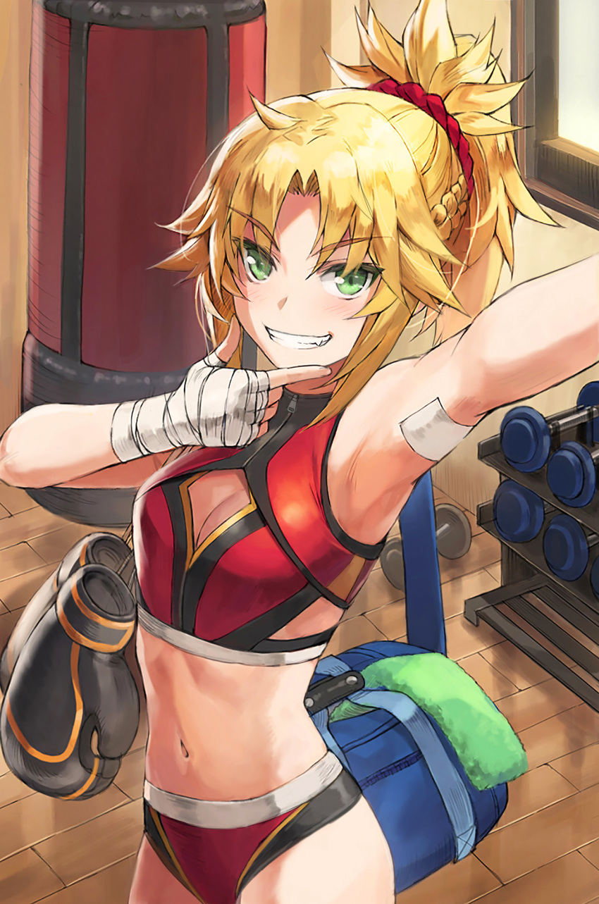 1girl armpits bandages bare_arms bare_shoulders blonde_hair boxing_gloves braid breasts cleavage cleavage_cutout clothing_cutout cowboy_shot dumbbell fate/apocrypha fate/grand_order fate_(series) green_eyes grin hair_ornament hair_scrunchie highres indoors long_hair looking_at_viewer mordred_(fate) mordred_(fate/apocrypha) navel ponytail red_scrunchie revision scrunchie small_breasts smile solo tonee