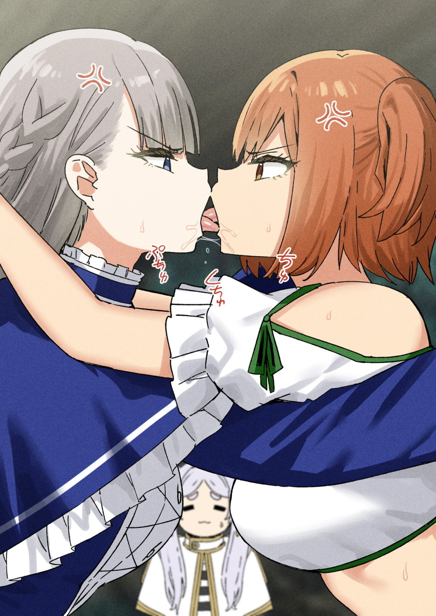 3girls anger_vein bare_shoulders blue_eyes breasts closed_mouth clothing_cutout french_kiss frieren grey_hair highres kanne_(sousou_no_frieren) kiss large_breasts lawine_(sousou_no_frieren) long_hair multiple_girls open_mouth orange_eyes orange_hair saliva short_hair shoulder_cutout side_ponytail sky-freedom sousou_no_frieren thick_eyebrows tongue tongue_out yuri