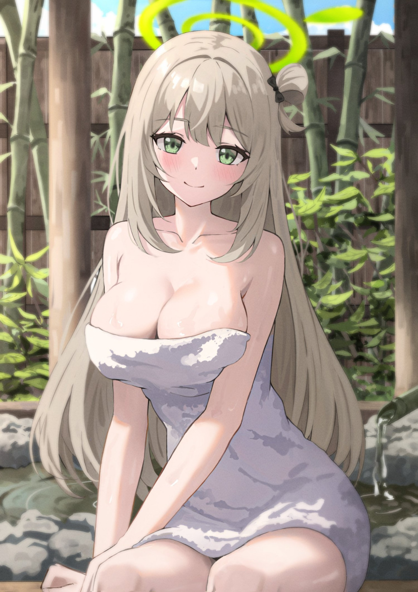 1girl arm_support bamboo bare_shoulders bekkuro blue_archive blush breasts cleavage collarbone hair_bun halo highres large_breasts light_brown_hair looking_at_viewer naked_towel nonomi_(blue_archive) outdoors single_side_bun sitting smile solo towel white_towel