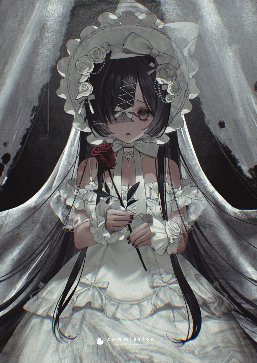 1girl bare_shoulders black_hair black_nails bow breasts chromatic_aberration cleavage commentary_request commission cowboy_shot dress fingernails flower frilled_dress frills gem gothic_lolita hair_bow hair_flower hair_ornament hair_over_one_eye highres holding holding_flower jewelry lace_trim lolita_fashion long_dress long_hair looking_at_viewer medium_breasts nail_polish original parted_lips pearl_(gemstone) pearl_hair_ornament pendant red_flower red_rose rose skeb_commission solo veil watermark white_bow white_dress white_flower wrist_cuffs x_hair_ornament yellow_eyes youichi_(45_01)