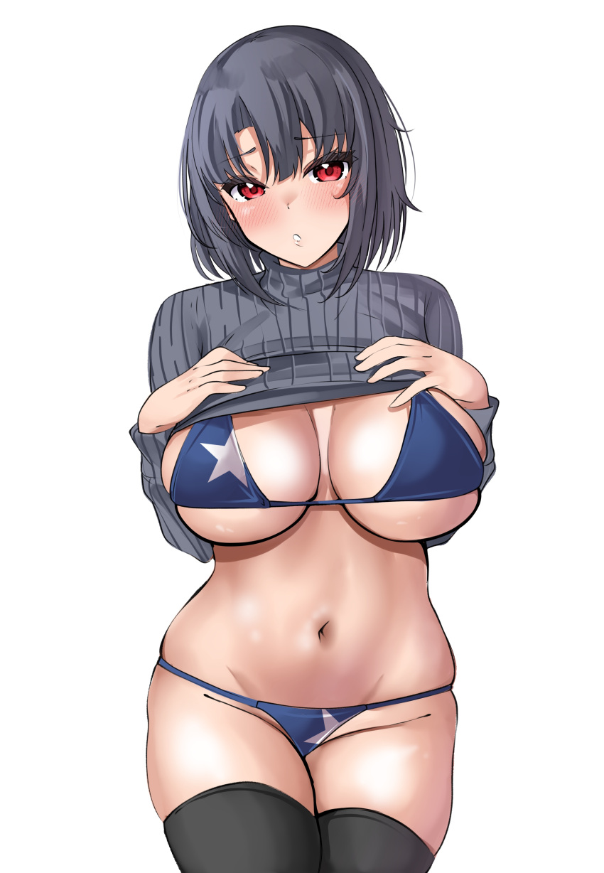 1girl absurdres black_hair black_thighhighs blue_bra blue_panties blush bra breasts grey_shirt highres kantai_collection large_breasts long_sleeves looking_at_viewer panties red_eyes ribbed_shirt shirt short_hair simple_background solo star_(symbol) star_print takao_(kancolle) tf_cafe thighhighs underwear upper_body white_background