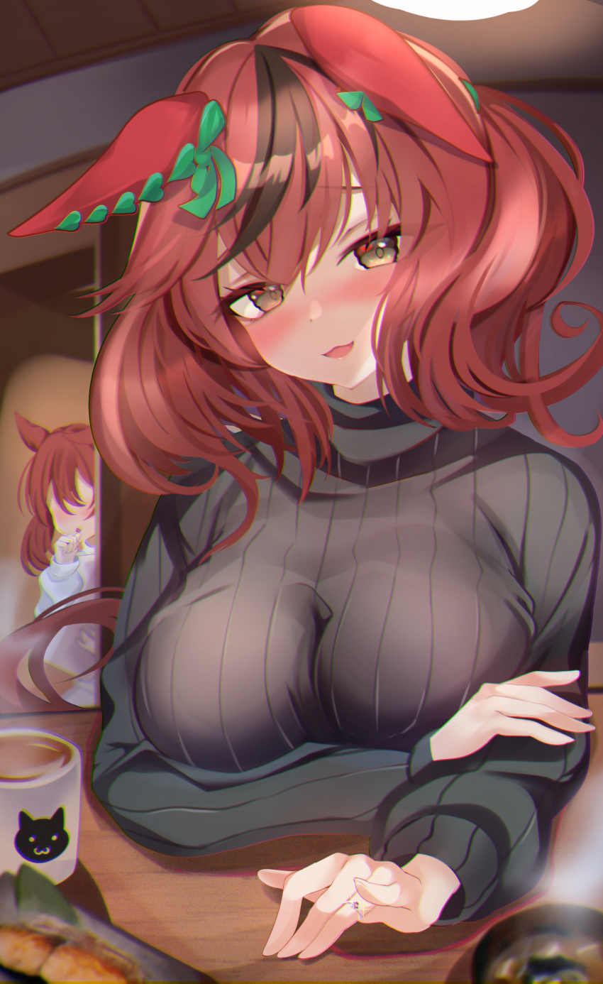 2girls aged_up akiba_monaka black_sweater blush breast_rest breasts breasts_on_table brown_eyes brown_hair chestnut_mouth commentary_request ear_covers highres horse_girl indoors jewelry large_breasts long_hair looking_at_viewer multicolored_hair multiple_girls nice_nature_(umamusume) open_mouth pov_across_table red_hair ribbed_sweater ring solo_focus streaked_hair sweater textless_version turtleneck turtleneck_sweater twintails umamusume upper_body upturned_eyes wedding_ring