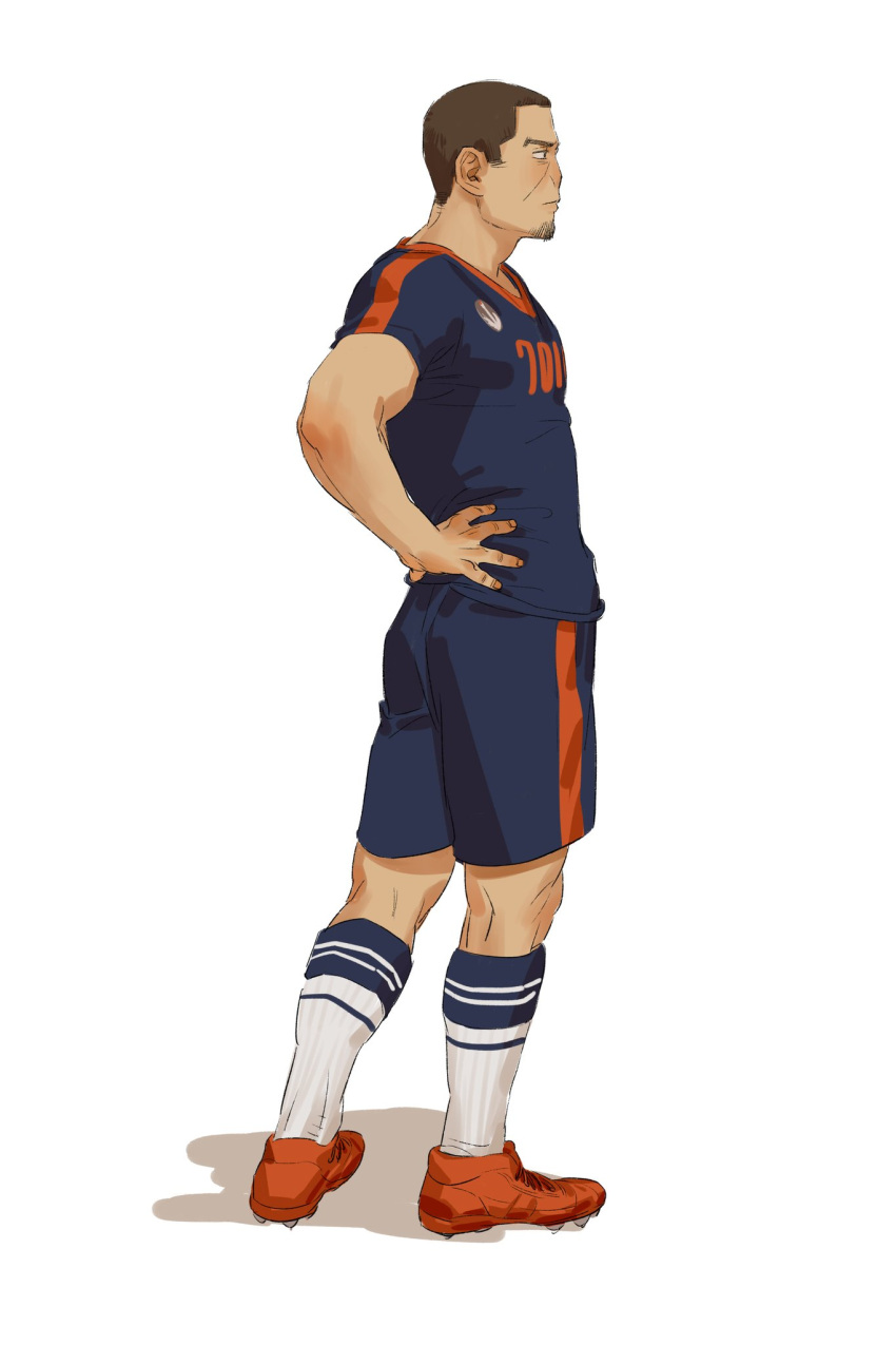 1boy ankle_socks black_eyes blue_shirt blue_shorts brown_hair chengongzi123 cleats closed_mouth english_commentary facial_hair full_body goatee_stubble golden_kamuy hands_on_own_hips highres looking_to_the_side male_focus orange_footwear shadow shirt shoes short_hair short_sleeves shorts simple_background sneakers soccer_uniform socks solo sportswear standing stubble t-shirt tsukishima_hajime very_short_hair white_background white_socks