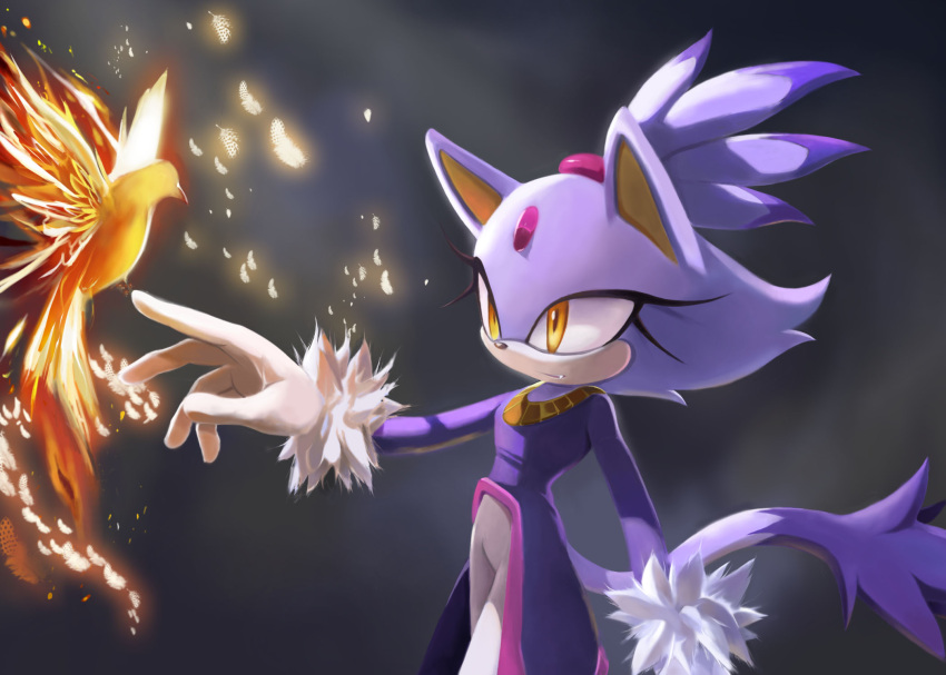 1girl animal_ears bird blaze_the_cat cat_ears cat_girl cat_tail fire forehead_jewel fur-trimmed_gloves fur_trim furry furry_female gloves gold_necklace highres jacket jewelry necklace neo_(blazykun) pants ponytail purple_fur purple_jacket sonic_(series) tail white_gloves white_pants yellow_eyes