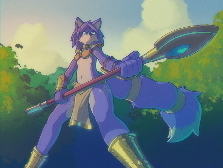 2021 anthro blue_body blue_fur blue_hair bottomwear bra canid canine clothed clothing cloud dipstick_tail female fox fur glairedaggers hair holding_object holding_weapon jewelry krystal_(star_fox) loincloth mammal markings melee_weapon neckwear nintendo polearm sky solo spear star_fox tail tail_markings underwear weapon white_body white_fur