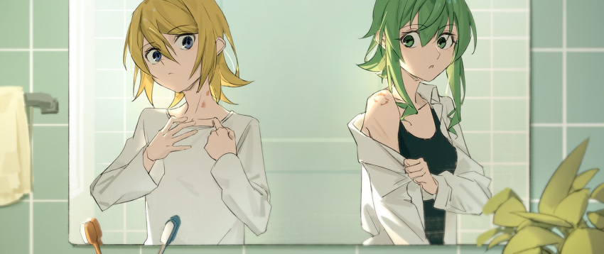 2girls bathroom bite_mark black_shirt blonde_hair blue_eyes breasts collarbone collared_shirt flat_chest gumi hair_between_eyes head_tilt hickey highres implied_after_sex kagamine_rin medium_breasts medium_hair mirror multiple_girls open_clothes open_shirt plant scratches shirt sidelocks sleeveless sleeveless_shirt tile_wall tiles toothbrush towel unbuttoned vocaloid wavy_hair white_shirt wounds404 yuri