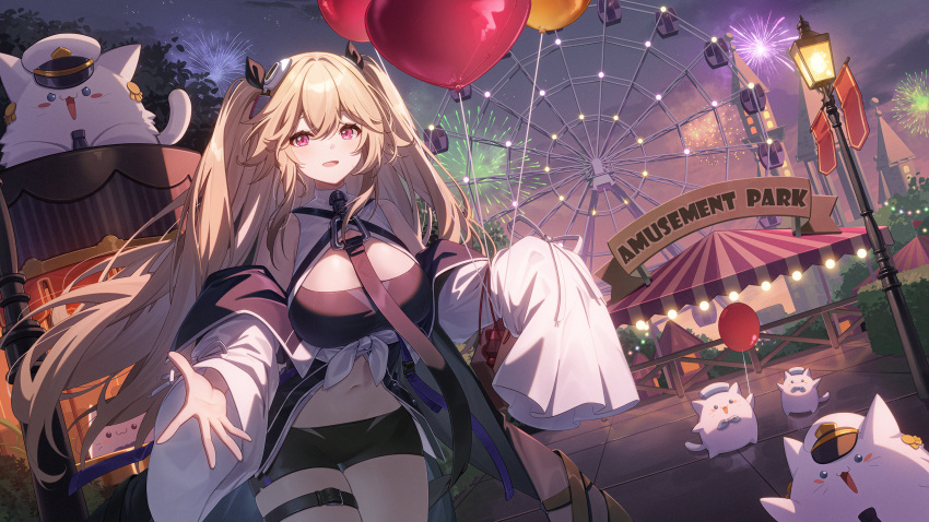 1girl aerial_fireworks amusement_park anchorage_(azur_lane) artist_request azur_lane balloon belt black_ribbon cat dusk ferris_wheel fireworks hair_ribbon hat highres holding holding_balloon lamppost light_brown_hair long_hair long_sleeves looking_at_viewer meowfficer_(azur_lane) midriff navel official_art outdoors peaked_cap pink_eyes reaching reaching_towards_viewer ribbon sleeves_past_fingers sleeves_past_wrists sparkle thigh_belt thigh_strap two_side_up