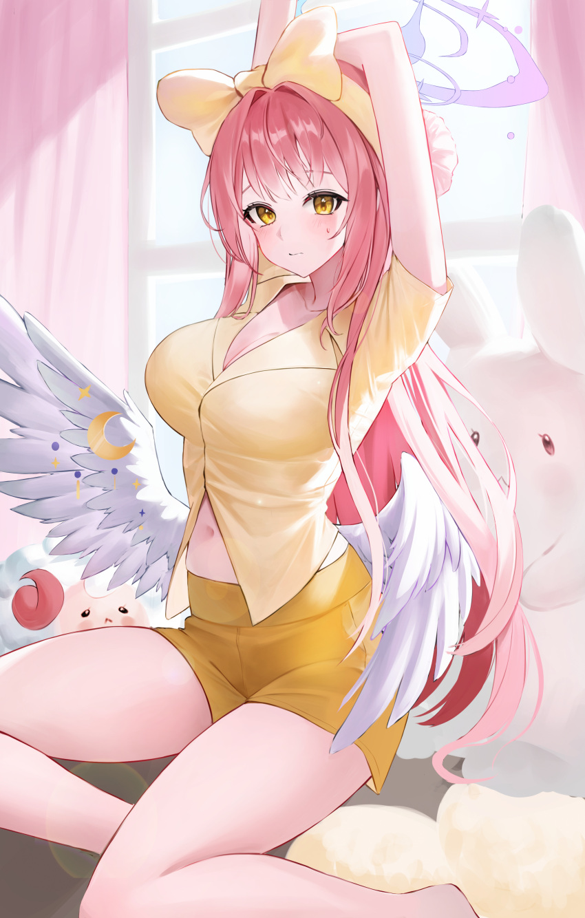 1girl absurdres angel_wings blue_archive blush breasts cleavage closed_mouth crescent crescent_pin feathered_wings halo hee_(user_ykux4248) highres large_breasts long_hair looking_at_viewer mika_(blue_archive) pajamas pink_hair pink_halo solo white_wings wings yellow_eyes yellow_pajamas