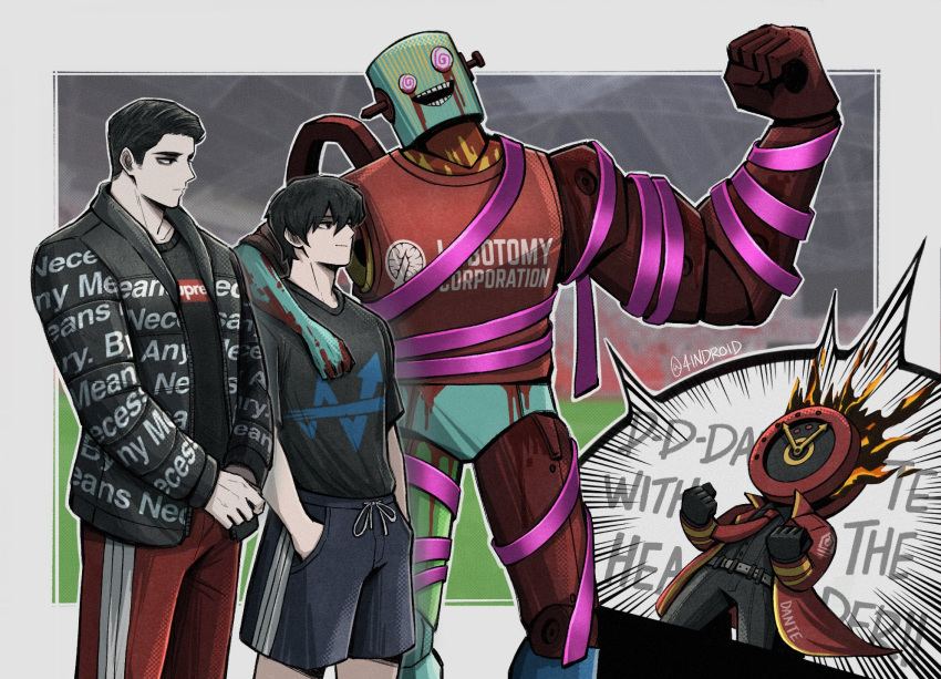 2boys 2others 4chan 4indroid @_@ belt black_eyes black_gloves black_hair black_pants black_shirt blood blood_from_eyes blood_on_face blood_on_hands blue_shorts clock coat collared_shirt dante_(limbus_company) english_text fire gloves green_eyes hands_in_pockets highres jacket limbus_company lobotomy_corporation meursault_(project_moon) multiple_boys multiple_others necktie object_head own_hands_clasped own_hands_together pants pink_ribbon pink_shoes_(project_moon) project_moon red_coat red_necktie red_pants ribbon shirt short_hair shorts supreme_(brand) t-shirt twitter_username yi_sang_(project_moon) you_want_to_get_beat?_hurtily?