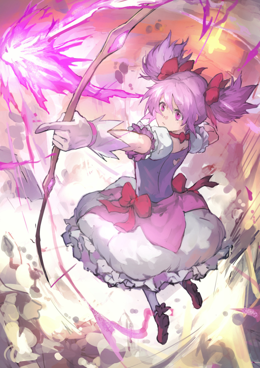 1girl aiming bow bow_(weapon) bubble_skirt choker drawing_bow dress energy_arrow firing gloves hair_bow hair_ribbon highres holding holding_bow_(weapon) holding_weapon kaname_madoka magical_girl mahou_shoujo_madoka_magica mahou_shoujo_madoka_magica_(anime) monte_tako pink_dress pink_eyes pink_hair red_bow ribbon shoes short_hair short_sleeves short_twintails skirt twintails weapon