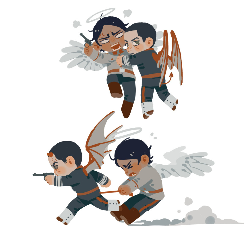 2boys angel_wings anger_vein angry black_eyes black_hair blank_eyes boots brown_footwear chengongzi123 closed_mouth colored_sclera commentary dark-skinned_male dark_skin deformed demon_boy demon_horns demon_tail demon_wings facial_hair facing_viewer feathered_wings flying full_body goatee_stubble golden_kamuy green_eyes grey_jacket grey_sclera grey_wings gun halo highres holding holding_gun holding_weapon horns jacket koito_otonoshin long_sleeves looking_at_viewer looking_back male_focus military_uniform multiple_boys multiple_views open_mouth puff_of_air pulling revolver running short_hair simple_background stubble symbol-only_commentary tail tail_pull tsukishima_hajime uniform very_short_hair weapon white_background wings