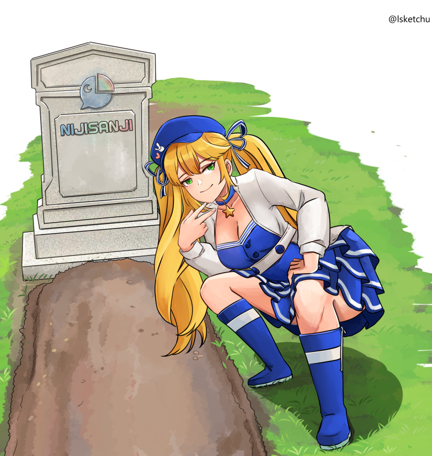 1girl absurdres blonde_hair blue_choker blue_dress blue_footwear blue_headwear boots breasts choker cleavage_cutout closed_mouth clothing_cutout commentary cropped_jacket dokibird_(vtuber) dress english_commentary full_body grant_gustin_next_to_oliver_queen's_grave_(meme) grass grave graveyard green_eyes highres indie_virtual_youtuber jacket large_breasts layered_dress long_hair looking_at_viewer lsketchu meme nijisanji open_clothes open_jacket pleated_dress smile solo squatting star_(symbol) star_choker tombstone twintails twitter_username v very_long_hair virtual_youtuber white_jacket