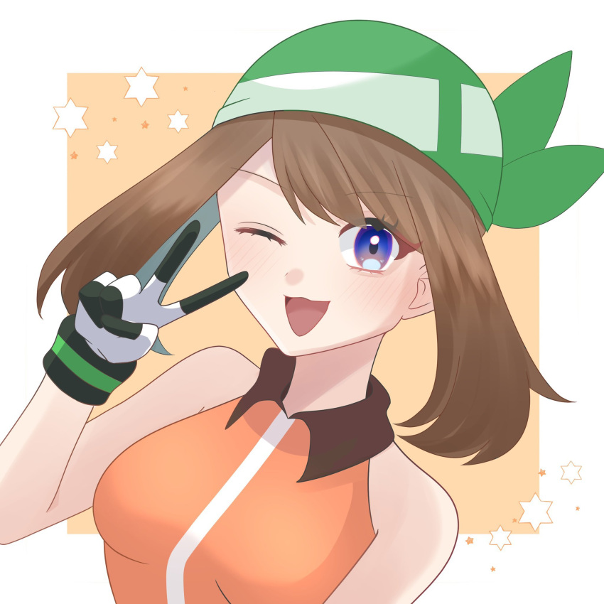 1girl bandana bare_arms bare_shoulders blue_eyes blush border breasts brown_hair close-up collared_dress dress gloves green_bandana highres looking_at_viewer may_(pokemon) medium_breasts one_eye_closed open_mouth orange_dress out_of_frame pokemon pokemon_rse simple_background sleeveless smile solo star_(symbol) upper_body v white_border x_napii