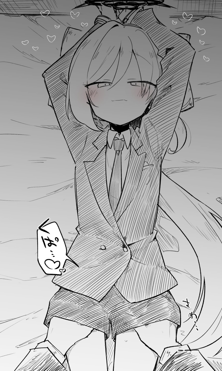 1girl absurdres blue_archive blush collared_shirt greyscale hair_between_eyes half-closed_eyes halo hand_under_clothes heart highres ki_no_nekko long_hair long_sleeves looking_at_viewer lying monochrome mutsuki_(blue_archive) mutsuki_(suit)_(blue_archive) naughty_face necktie official_alternate_costume on_back on_bed out_of_frame shirt shorts solo_focus spoken_heart spoken_sound_effect spot_color spread_pussy_under_clothes suit very_long_hair