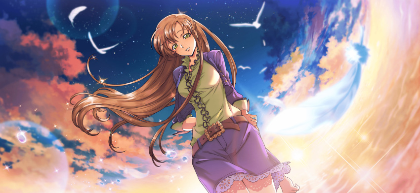 1girl arms_behind_back artist_request backlighting belt bird blue_sky blurry blurry_foreground breasts buttons center_frills cloud code_geass code_geass:_lost_stories cowboy_shot cropped_jacket dutch_angle feathers fisheye floating_hair frilled_shirt frills game_cg green_shirt half-closed_eyes happy highres holding_own_arm horizon jacket lace lace-trimmed_skirt lace_trim lens_flare long_hair long_sleeves looking_at_viewer medium_breasts non-web_source official_art open_clothes open_jacket orange_hair outdoors parted_lips purple_jacket purple_skirt shirley_fenette shirt shirt_tucked_in sidelocks skirt sky smile solo sparkle standing star_(sky) sunlight sunset teeth water water_drop white_feathers yellow_eyes