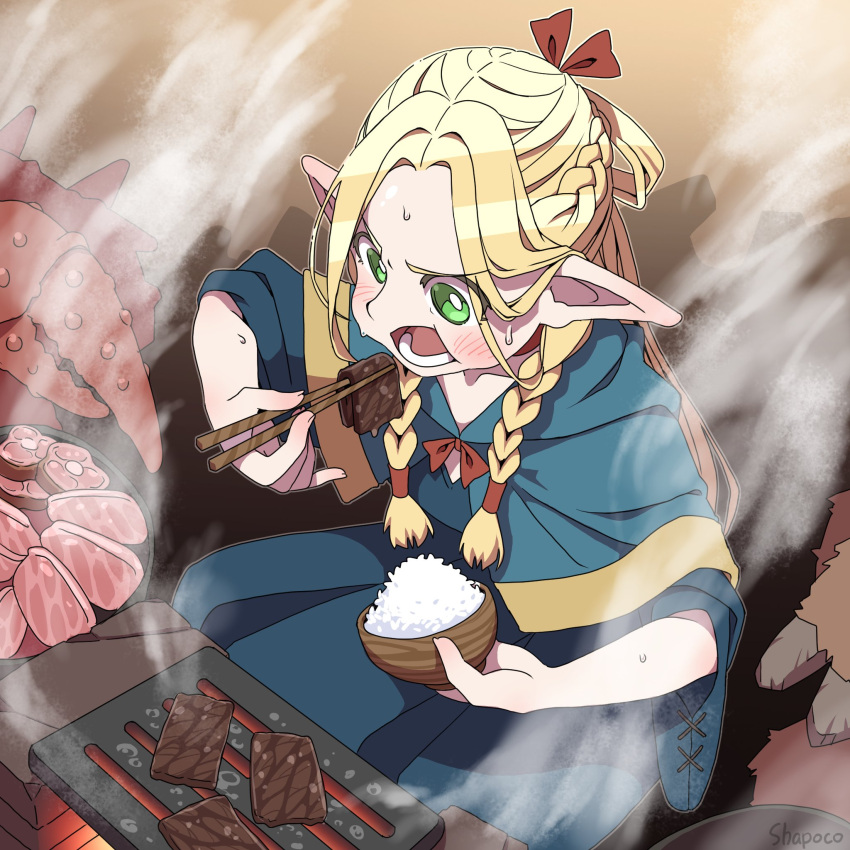 1girl artist_name blonde_hair blush bowl braid cape chopsticks cooking dungeon_meshi earrings elf food green_eyes grilling hair_ribbon highres holding holding_bowl holding_chopsticks jewelry marcille_donato meat open_mouth pointy_ears ribbon rice_bowl shapoco sitting solo sweat twin_braids