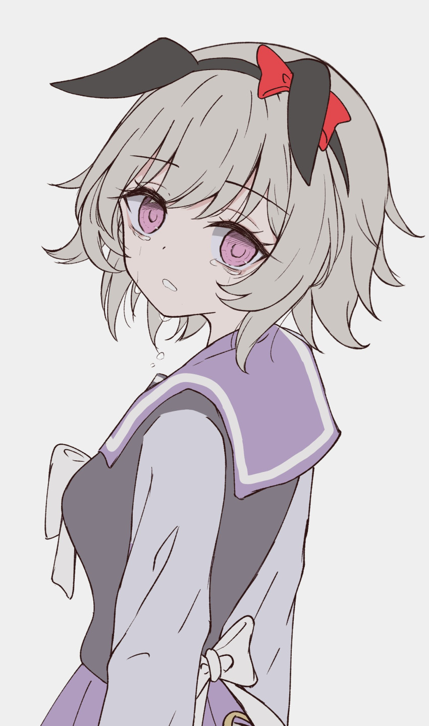 1girl absurdres animal_ears bow breasts crying crying_with_eyes_open curren_chan_(umamusume) ear_bow ear_covers ear_down grey_hair hair_between_eyes highres horse_ears horse_girl long_sleeves looking_at_viewer purple_eyes red_bow sad shirt short_hair simple_background solo tears tofu_thunder umamusume