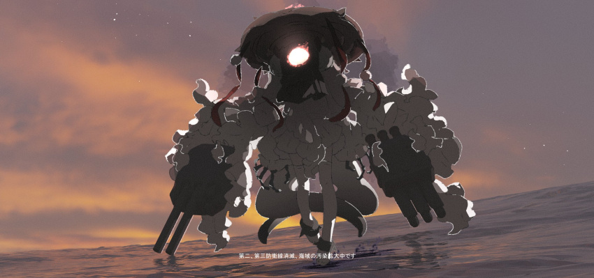 1girl abyssal_jade_princess abyssal_ship amonitto barefoot cloud dress glowing highres kantai_collection ocean outdoors skeletal_hand sky solo tail torpedo_tubes translation_request turret water white_dress