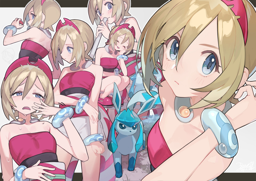 1girl ^_^ bare_shoulders blonde_hair blue_eyes closed_eyes closed_mouth collarbone glaceon hair_between_eyes highres holding holding_poke_ball irida_(pokemon) letterboxed looking_at_viewer multiple_views nao_(syn_eaa) open_mouth poke_ball poke_ball_(basic) pokemon pokemon_(creature) pokemon_legends:_arceus short_hair shorts smile squatting white_shorts