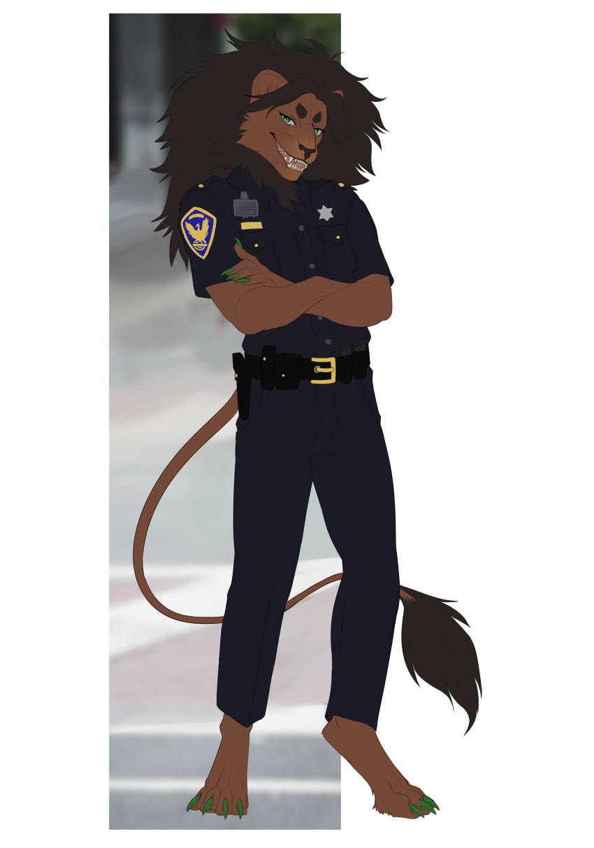 absurd_res badge barefoot belt bottomwear brown_body brown_fur claws clothed clothing crossed_arms disney feet felid fur green_eyes hair hi_res lion male mammal mane mordorinka pantherine pants police police_uniform simple_background smile solo standing tail tail_tuft the_lion_king tuft uniform