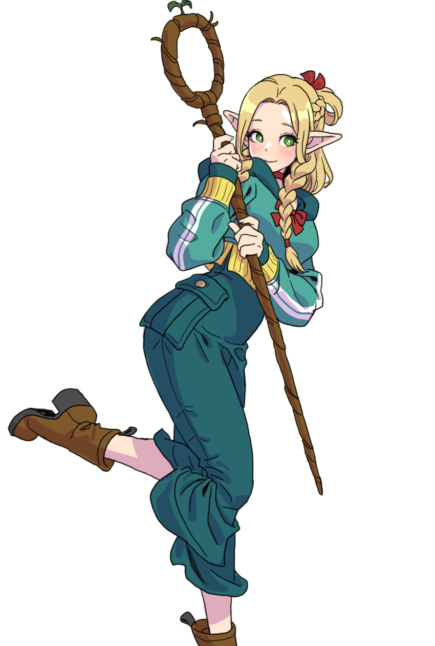 1girl absurdres ambrosia_(dungeon_meshi) blonde_hair blush boots braid brown_footwear choker commentary contemporary cropped_hoodie dungeon_meshi elf foot_out_of_frame green_eyes green_hoodie green_pants hair_ribbon highres holding holding_staff hood hoodie leg_up long_hair marcille_donato pants pointy_ears red_choker red_ribbon ribbon simple_background smile solo staff white_background yamashita_shun'ya