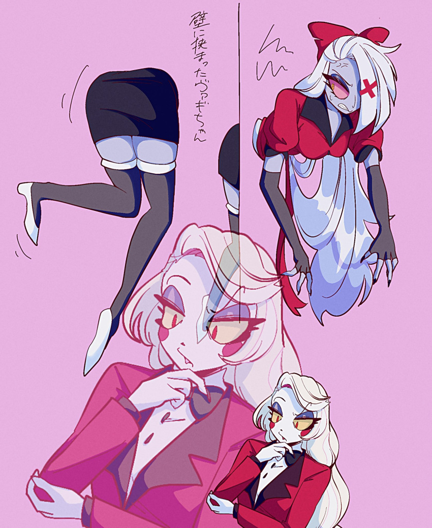 2girls ass blonde_hair charlie_morningstar circle_facial_mark colored_sclera colored_skin grey_skin hair_over_one_eye hazbin_hotel highres miz7xf multiple_girls pink_sclera red_suit solid_eye suit thighhighs through_wall vaggie yellow_sclera yuri