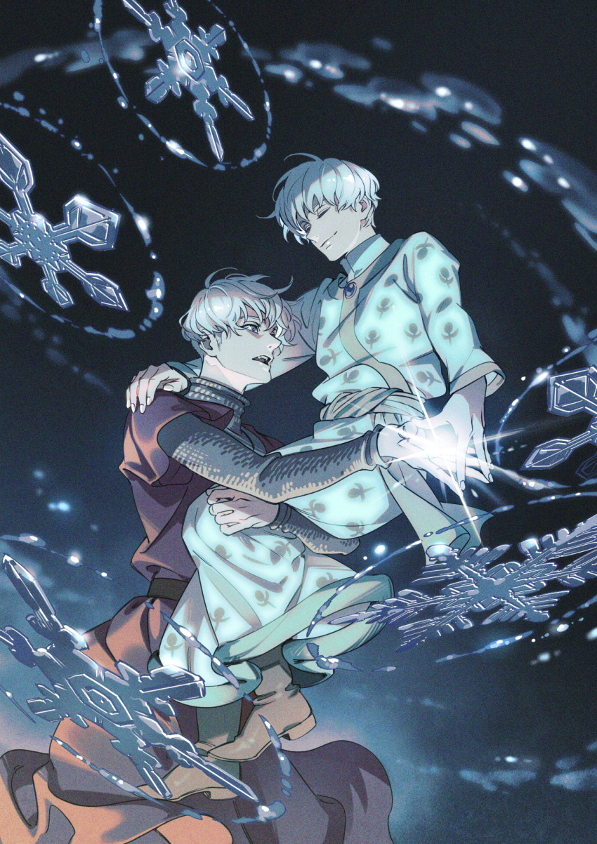 2boys akakokko_(niro_azarashi) armor bishounen boots carrying carrying_person casting_spell chainmail character_request cryokinesis fingernails full_body glowing gradient_background grey_eyes hand_on_another's_shoulder highres ice maronie_oukoku_no_shichinin_no_kishi multiple_boys open_mouth robe short_hair snowflakes