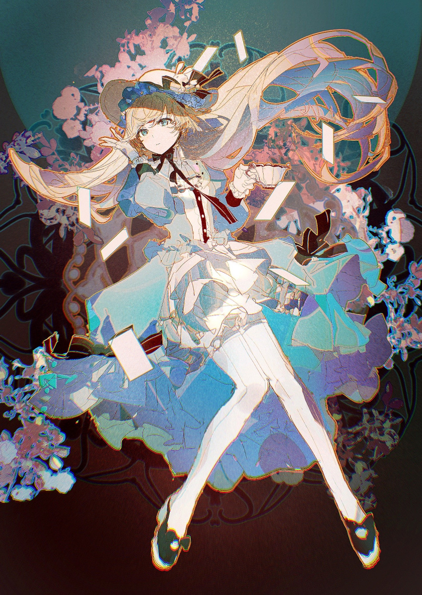 1girl arcaea black_background black_bow black_bowtie black_footwear blonde_hair blue_dress blue_eyes blue_sleeves bow bowtie buttons card closed_mouth collar collared_dress cup dress dress_bow eto_(arcaea) expressionless floating_hair floral_background footwear_bow frilled_dress frilled_gloves frilled_hat frills full_body gloves hand_in_own_hair hat hat_bow highres holding holding_cup juliet_sleeves layered_dress lobelia_(saclia) long_hair long_sleeves looking_at_viewer orange_outline playing_card pleated_dress puffy_sleeves shoes short_dress simple_background solo teacup thighhighs very_long_hair white_collar white_dress white_gloves white_headwear white_thighhighs