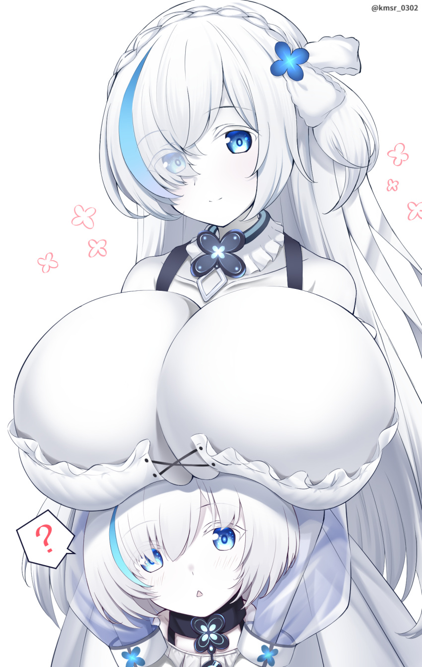 2girls ? alternate_breast_size azur_lane bare_shoulders blue_eyes blue_hair braid breast_rest breasts collarbone colored_skin dress dual_persona gigantic_breasts highres kamishiro_(rsg10679) long_hair looking_at_viewer multiple_girls short_hair simple_background speech_bubble tb_(azur_lane) tb_(type-s)_(azur_lane) tb_(young)_(azur_lane) triangle_mouth twitter_username white_background white_dress white_hair white_skin