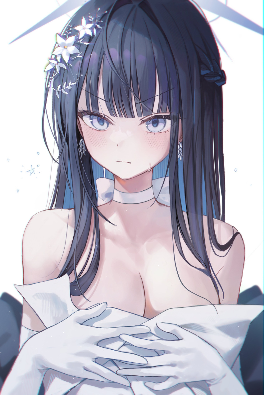 1girl absurdres bare_shoulders blue_archive blue_eyes blue_hair blue_halo blunt_bangs blush breasts choker cleavage closed_mouth collarbone earrings elbow_gloves gloves hair_ornament halo highres jewelry large_breasts long_hair looking_at_viewer myowa official_alternate_costume saori_(blue_archive) saori_(dress)_(blue_archive) simple_background solo upper_body white_background white_choker white_gloves